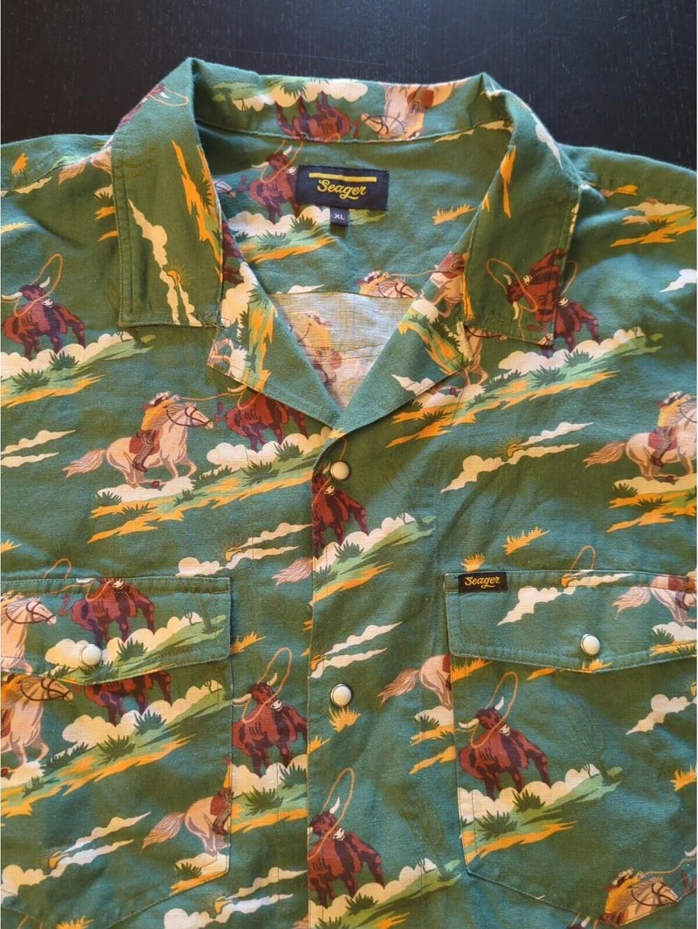 Seager Cowboy Western Pearl Snap Shirt Mens XL Green Short Sleeve Roping Steers